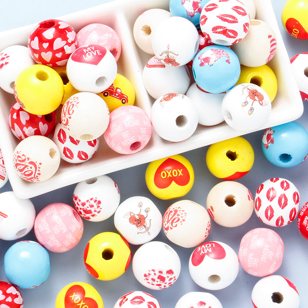10pcs/set 16mm Heart-Shaped Printed Wooden Beads