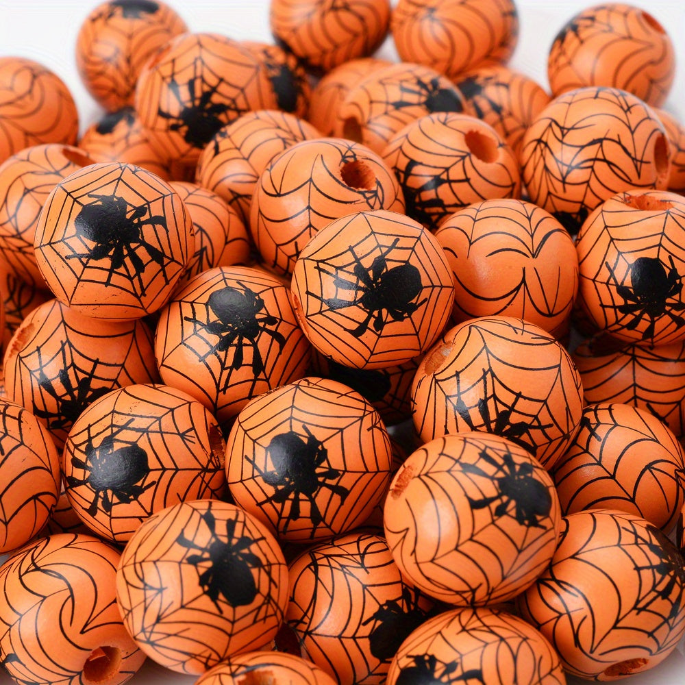 10pcs 15mm Halloween Spider Pattern Wooden Beads
