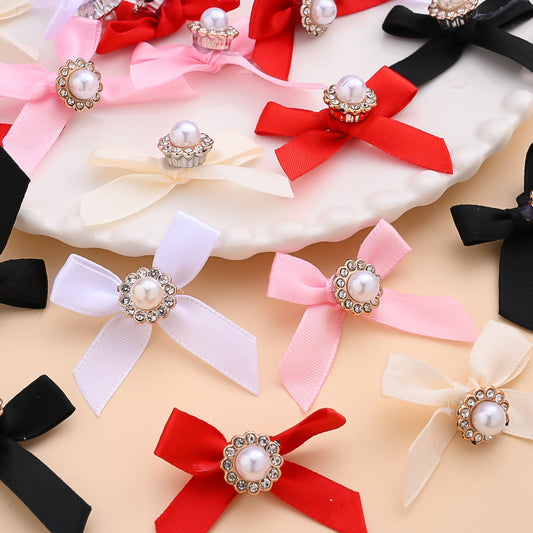 10PCS 4×5cm Pearl Ribbon Bow Rhinestone Appliques