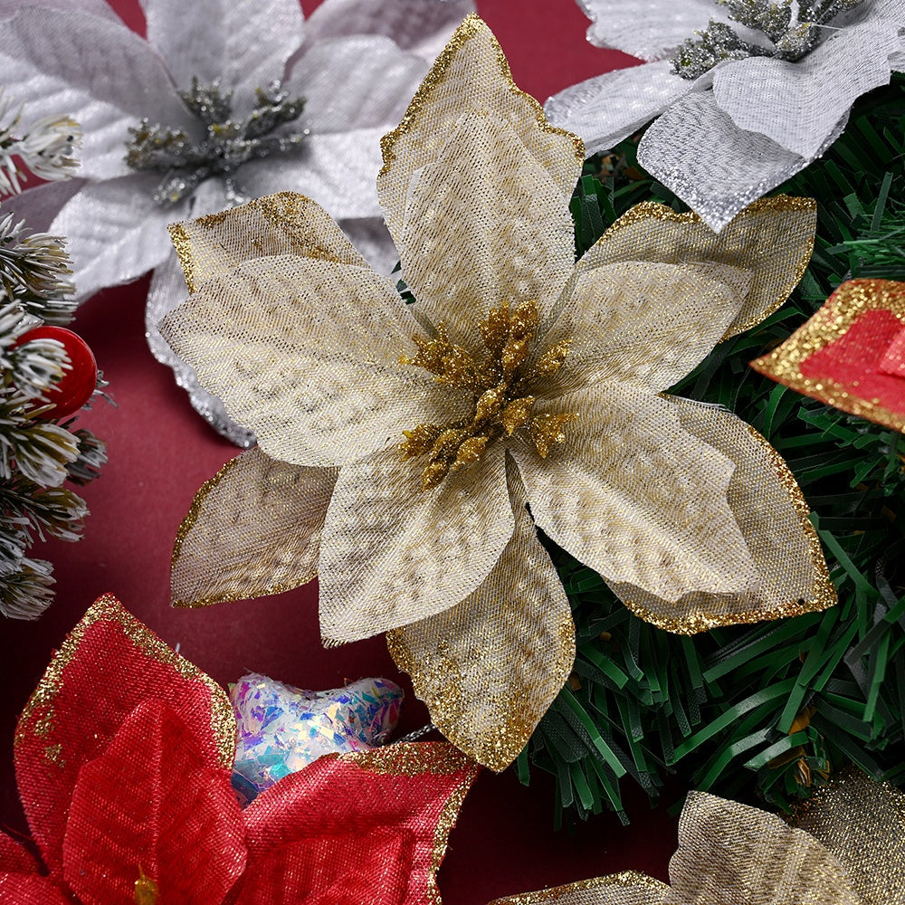 10PCS 13×13cm Gold & Red Glitter Christmas Flower Picks
