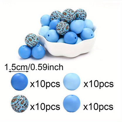 40pcs/set 15mm Colorful Round Silicone Flower Doodle Printed Beads