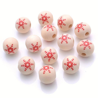 10PCS 15mm Red Snowflake Pattern Wooden Bead Set