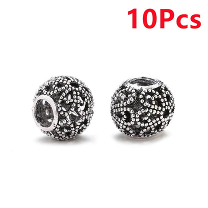 10PCS 9×11mm Retro Silver Hollow Alloy Bead Set