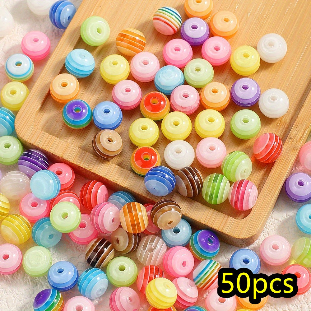 50pcs Rainbow Stripe Pattern Acrylic Round Beads