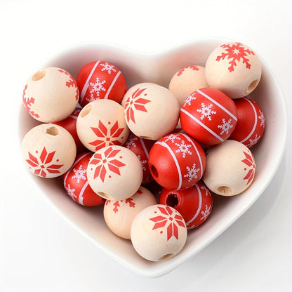 10PCS 15mm Red Snowflake Pattern Wooden Bead Set
