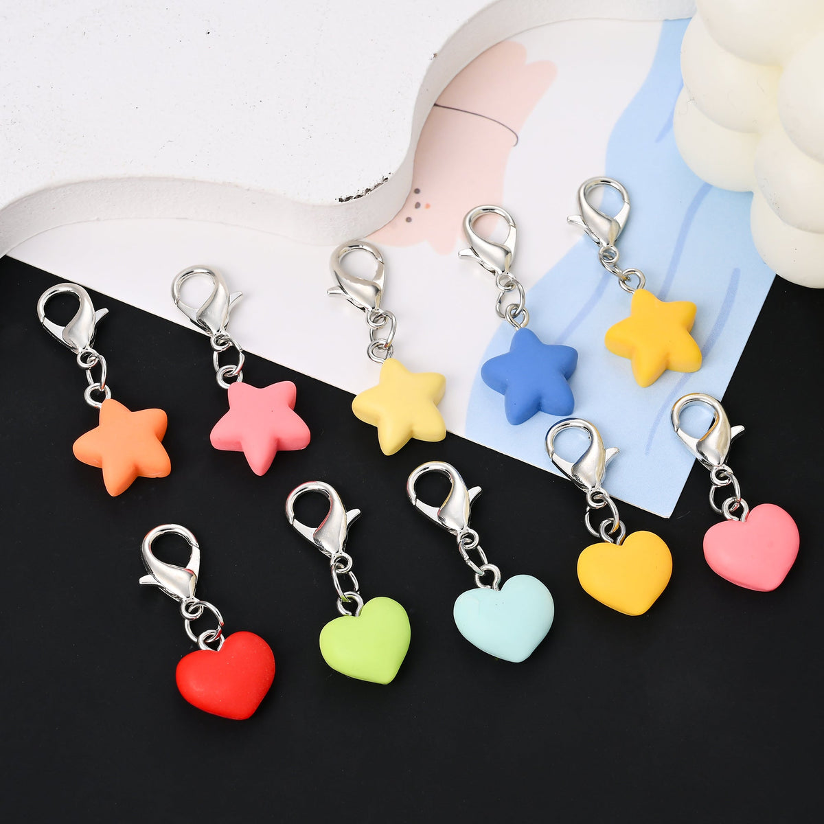 24PCS Multicolor Resin Heart & Star Mini Keychain Set