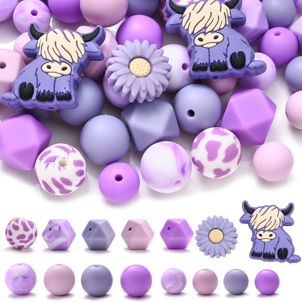 Purple Highland Cow Daisy Silicone Beads Set