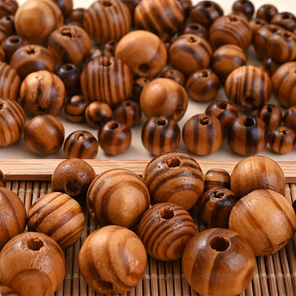 20–100PCS 8/10/12/14/16mm Brown Striped Pine Wood Beads