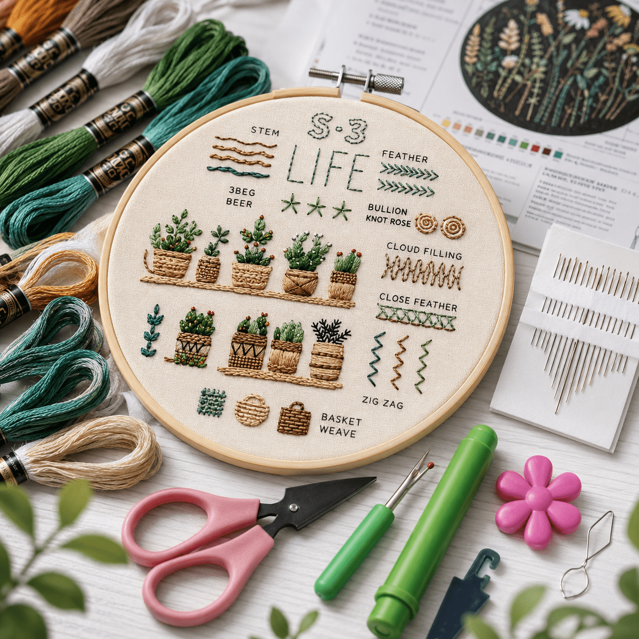 Flower Pattern Embroidery Stitches Practice Kit