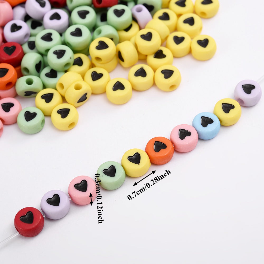 100pcs Colorful Flat Round Heart Acrylic Beads