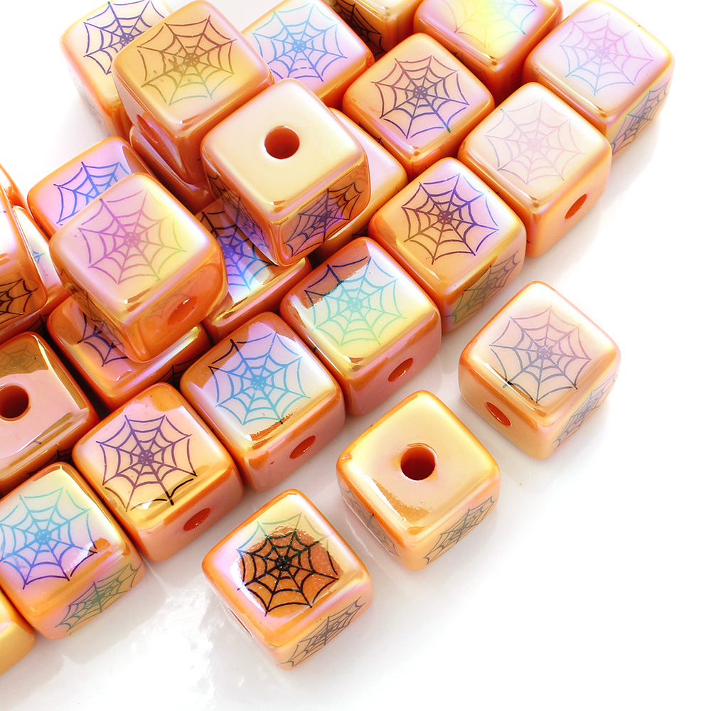 Orange Acrylic Cube Beads with Spider Web Print