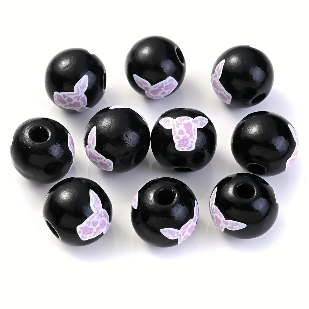 10PCS 16mm Black Bullhead Pattern Wooden Bead Set