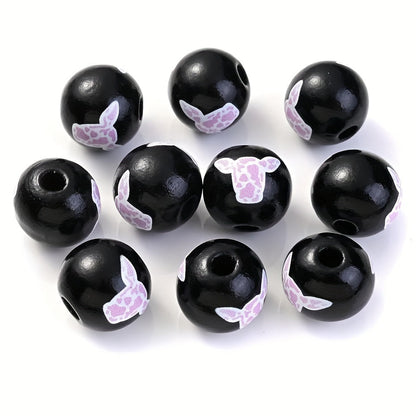 10PCS 16mm Black Bullhead Pattern Wooden Bead Set