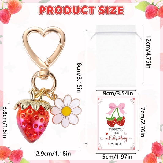 15PCS Red Strawberry Keychain Gift Set with Thank You Cards & Organza Bags