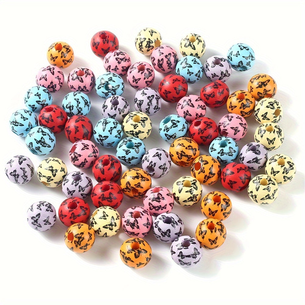 10pcs Colorful Butterfly Print Wooden Beads