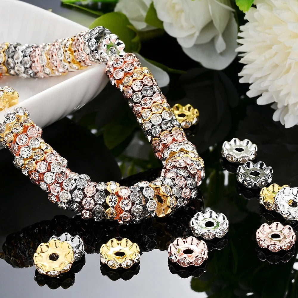 30/50pcs 12mm Wave Edge Metal Rhinestone Rondelle Beads