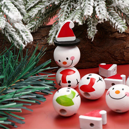 5pcs Christmas Snowman Wooden Round Beads