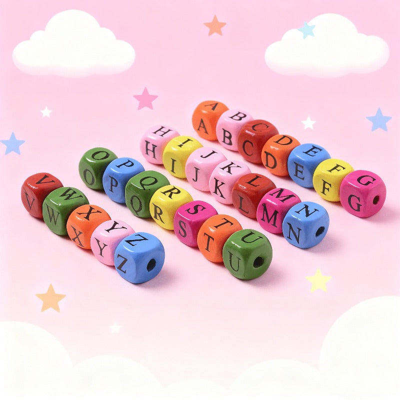 50pcs 8/10mm Beige Square Alphabet Beads