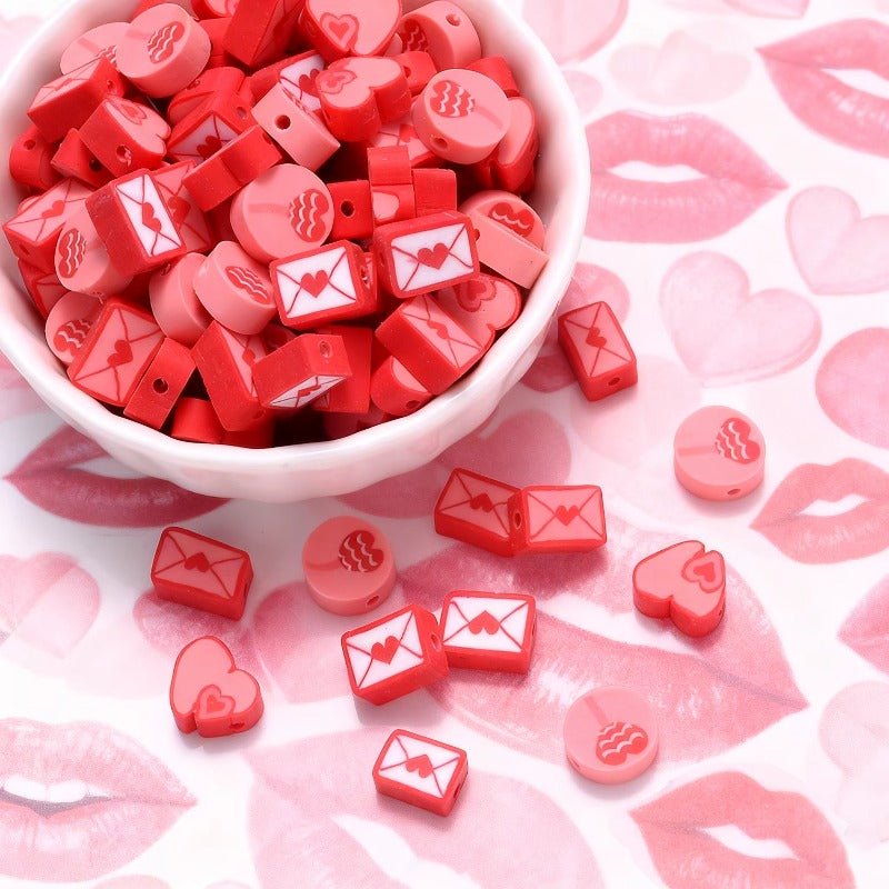 50pcs 8-10mm Red Fimo Heart Envelope Beads