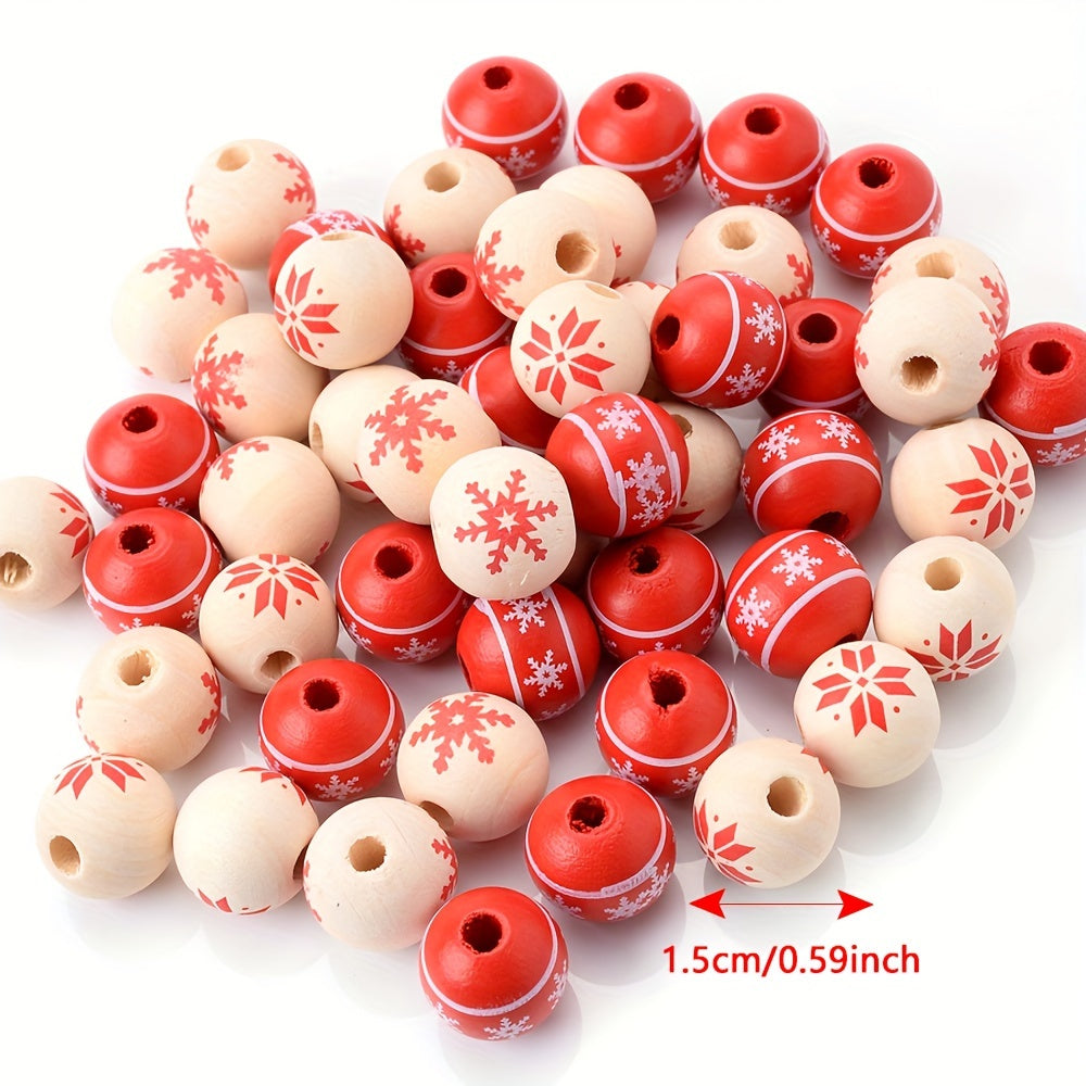 10PCS 15mm Red Snowflake Pattern Wooden Bead Set