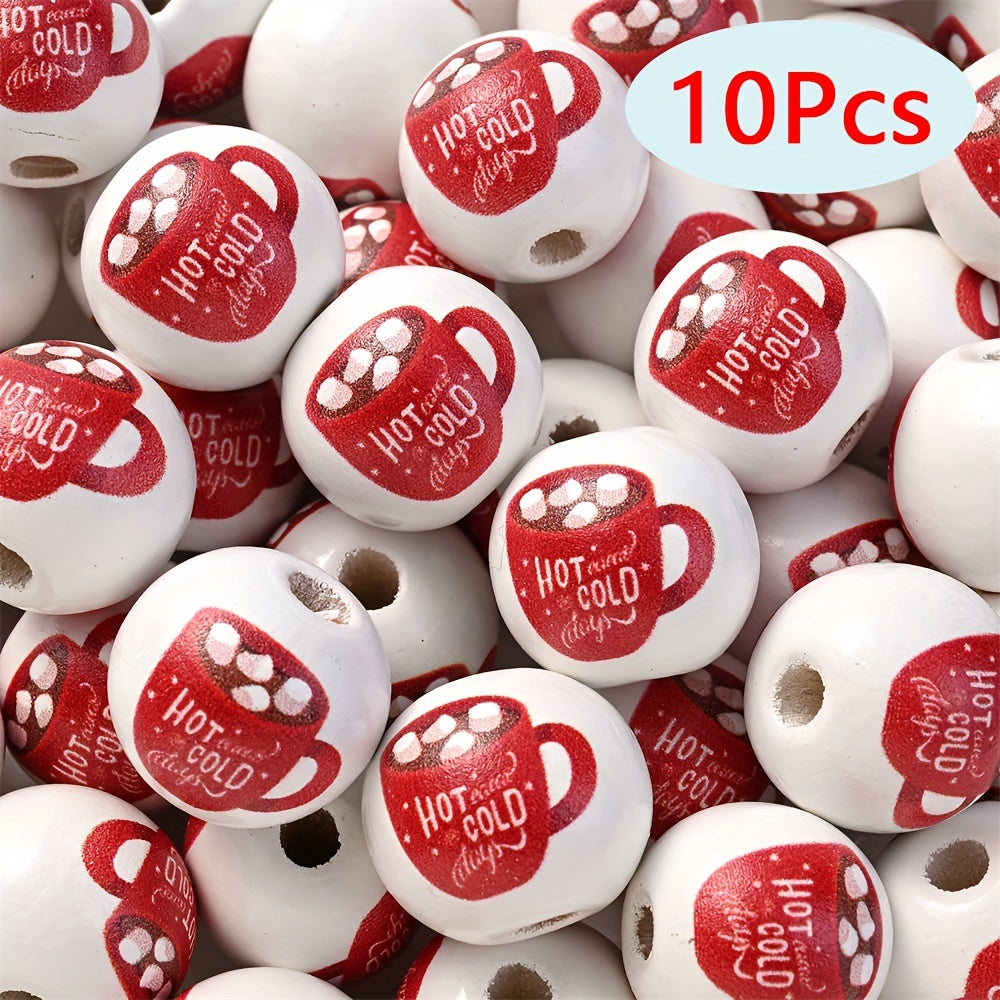 10PCS 16mm Coffee-Themed Wooden Bead Set