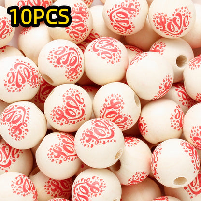 10pcs/set 16mm Heart-Shaped Printed Wooden Beads