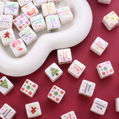 10PCS 14mm Multicolor Christmas Printed Square Acrylic Bead Set