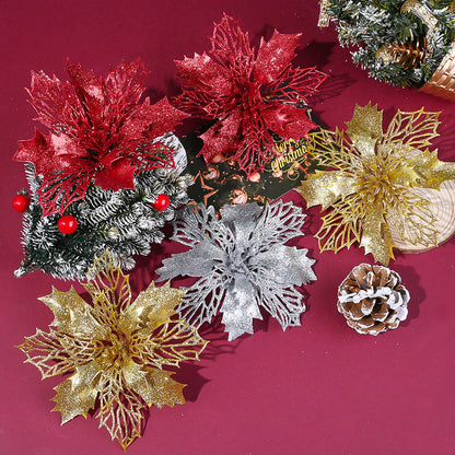 10PCS 16cm Gold, Silver & Red Hollow Christmas Flower Set