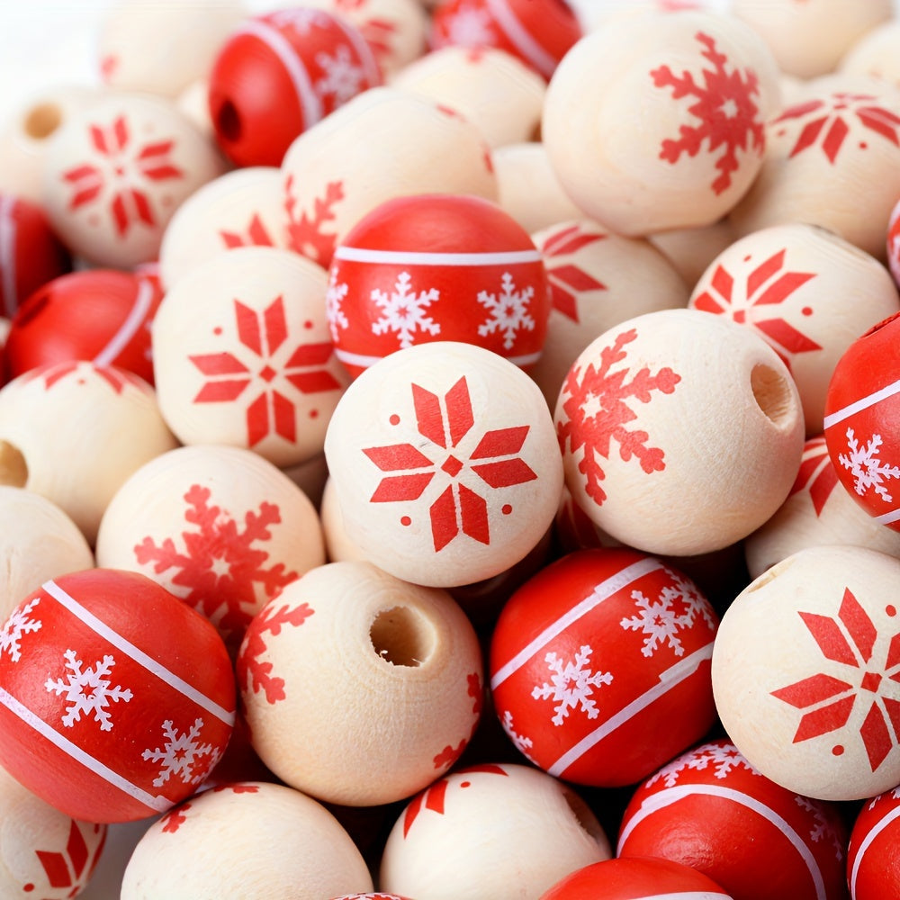 10PCS 15mm Red Snowflake Pattern Wooden Bead Set
