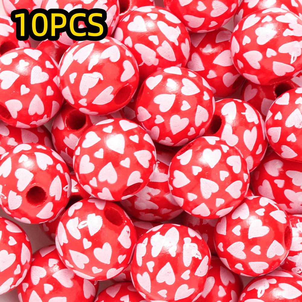 10pcs/set 16mm Heart-Shaped Printed Wooden Beads
