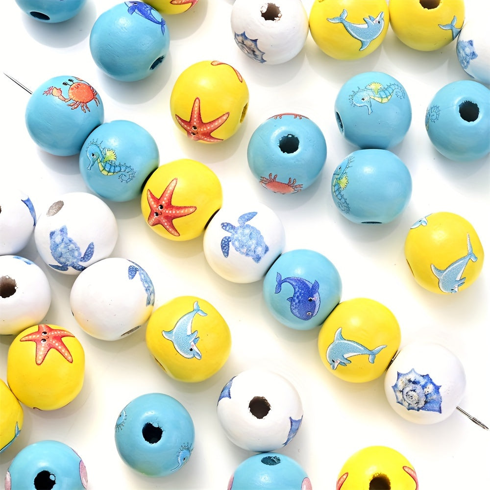 10PCS 16mm Colorful Marine Animal Wooden Bead Set