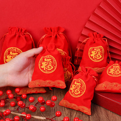 Red Chinese Fu Flocking Drawstring Gift Bags