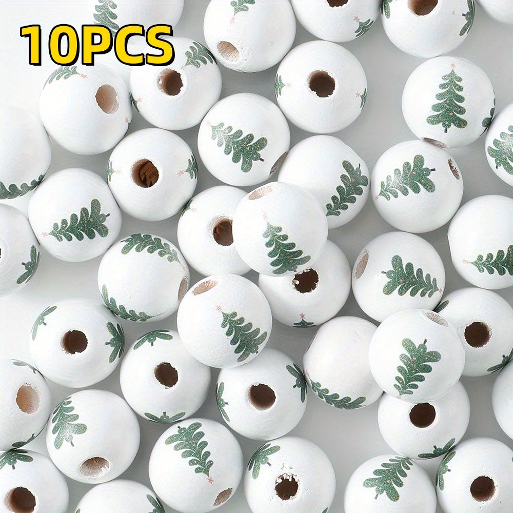 10pcs 16mm Christmas Tree Pattern Wooden Round Beads