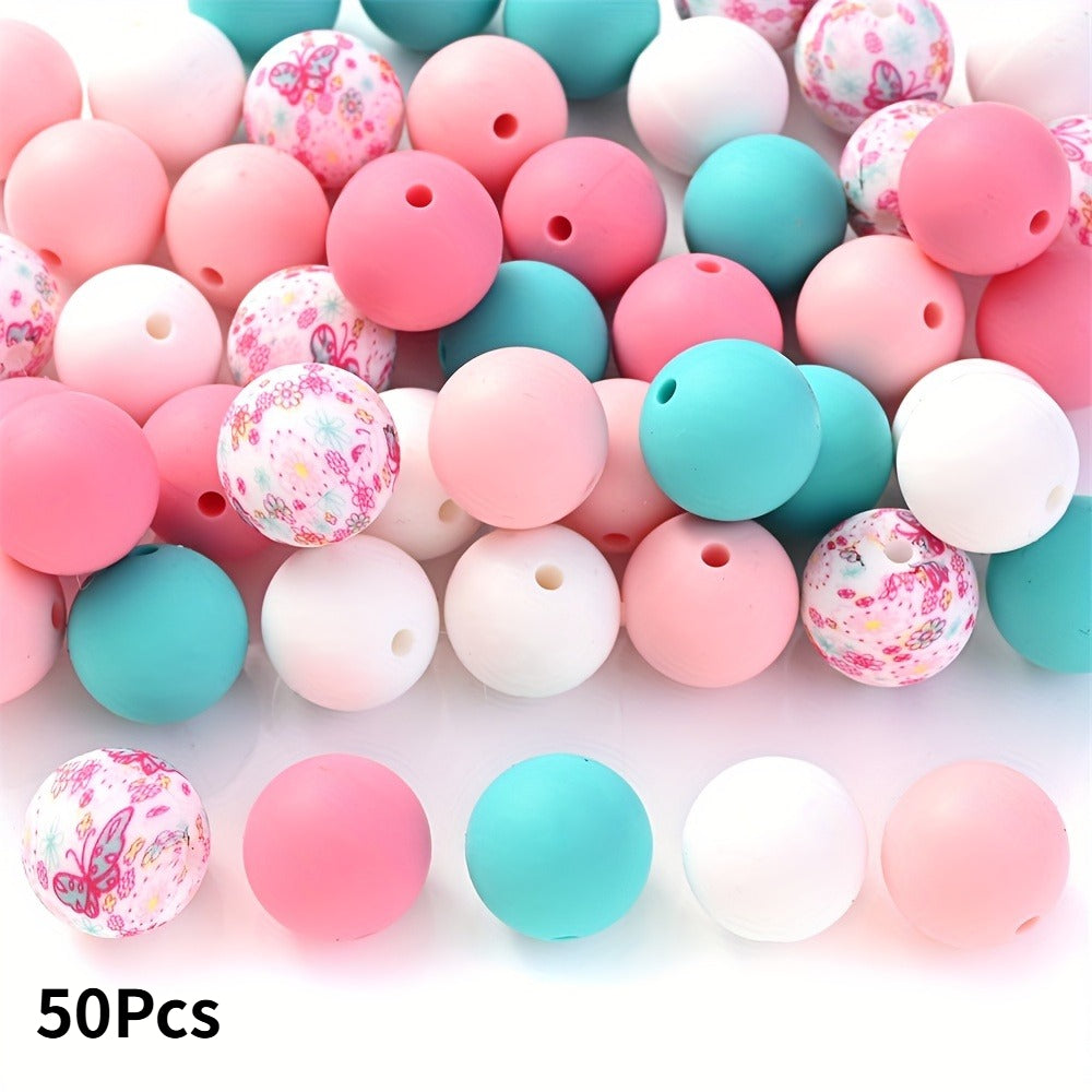 50/100pcs 15mm Silicone Ink Painted Round Beads