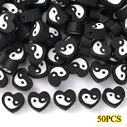 50pcs 8x9mm Black and White Heart Polymer Clay Beads