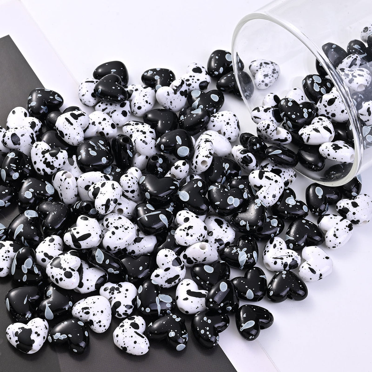 Black White Speckled Heart Acrylic Spacer Beads
