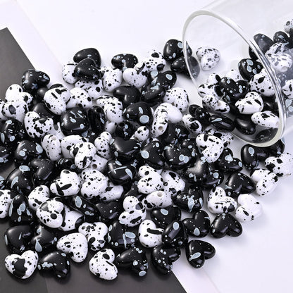 Black White Speckled Heart Acrylic Spacer Beads