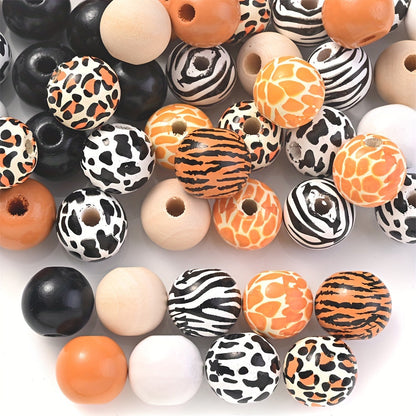 10PCS 16mm Animal Print Round Wooden Bead Set
