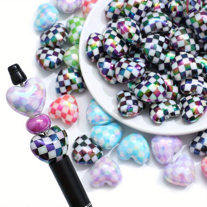 10pcs/set Multicolor Shiny Acrylic Checkerboard Heart Beads