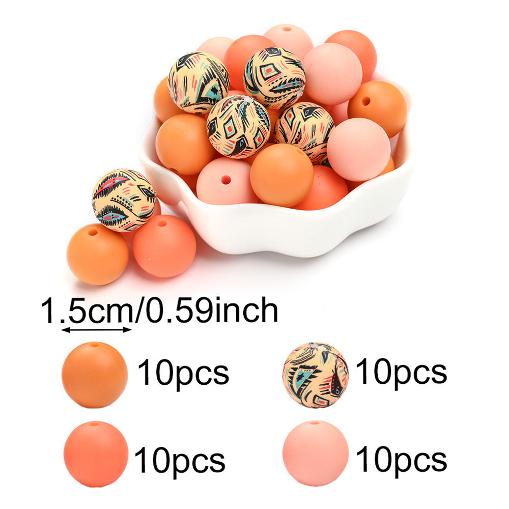 40pcs/set 15mm Colorful Round Silicone Flower Doodle Printed Beads
