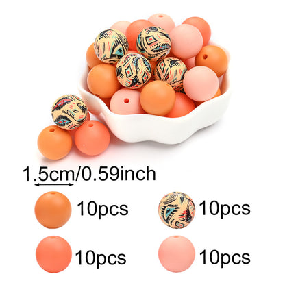 40pcs/set 15mm Colorful Round Silicone Flower Doodle Printed Beads
