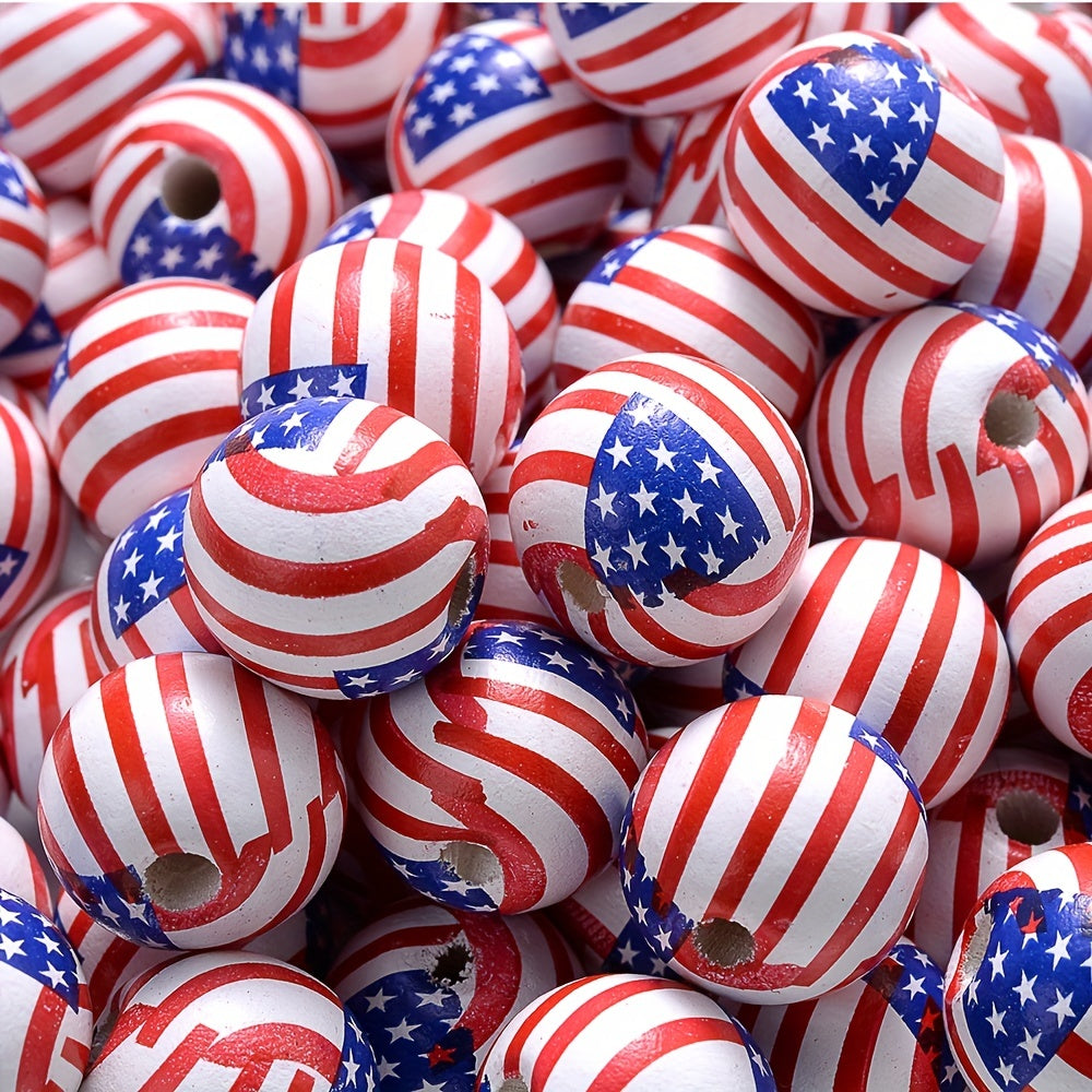 10pcs 16mm Independence Day American Flag Wooden Beads