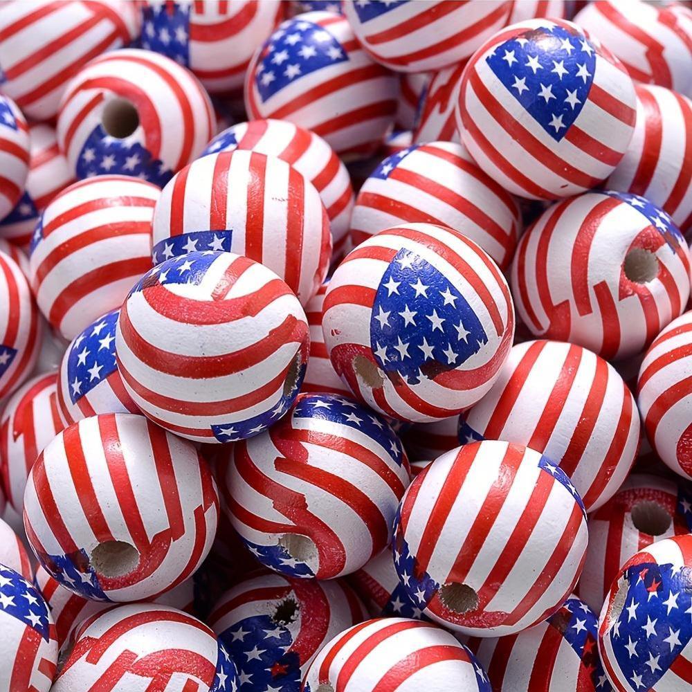 10PCS 16mm American Flag Round Wooden Bead Set
