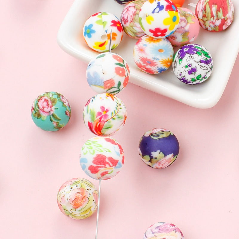 30/50pcs 15mm Floral Pattern Silicone Beads