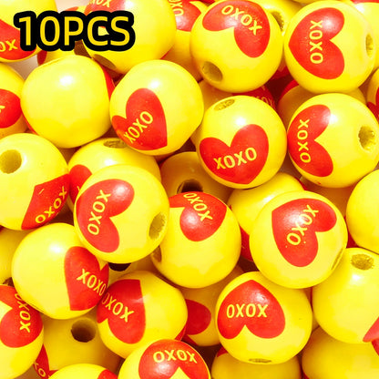 10pcs/set 16mm Heart-Shaped Printed Wooden Beads