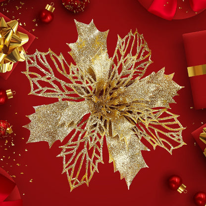 10PCS 16cm Gold, Silver & Red Hollow Christmas Flower Set