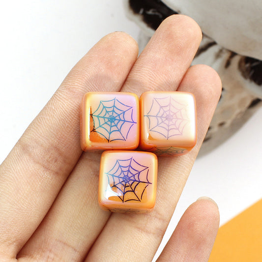 Orange Acrylic Cube Beads with Spider Web Print
