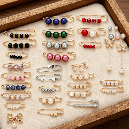 45PCS Mixed-Color Pearl Safety Pin Brooch Set