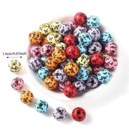 16 mm Colorful Butterfly Print Wooden Beads