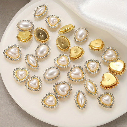 White Heart and Teardrop Rhinestone Pearl Cabochons